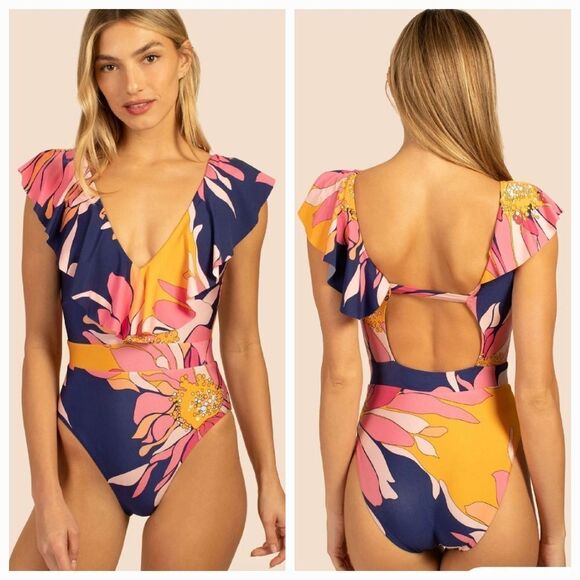 TRINA TURK Women's Breeze V-Neck Ruffle plunge One-Piece Swimsuit sz 14 - Picture 1 of 16